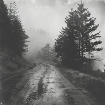 Foggy mountain road, evoking mystery and travel.