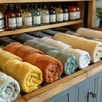 Neatly arranged set of rolled towels in spa, denoting luxury and relaxation.