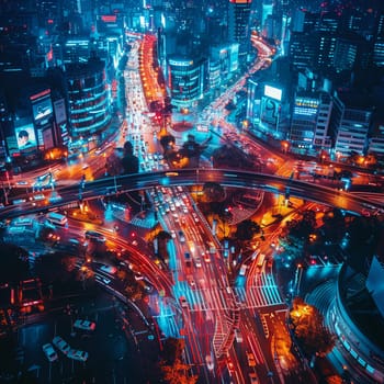 Time-lapse photography of busy intersection at night, illustrating urban life and motion.