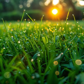 Fresh dew on vibrant green grass at sunrise, symbolizing new beginnings.