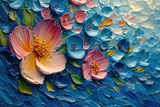 The picture about the abstract colourful flower that has been painted with oil painting on blue background that the flower has been facing to the source of the light in oil painting picture. AIGX01.