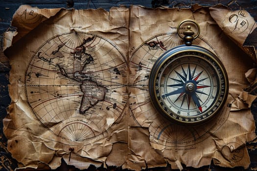 Compass on vintage map, symbolizing adventure and travel.