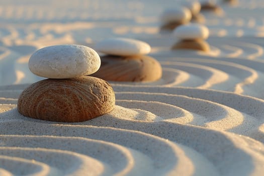 Tranquil Zen garden with raked sand and stones, suggesting peace and meditation.