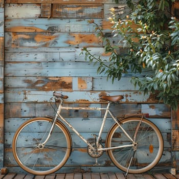 Bicycle leaning against rustic wall, conveying eco-friendly transportation and leisure.