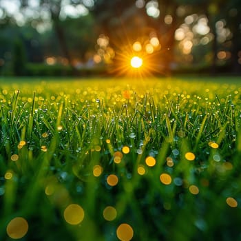 Fresh dew on vibrant green grass at sunrise, symbolizing new beginnings.