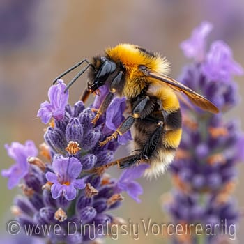 Macro shot of bumblebee on lavender flower, highlighting pollination and spring.