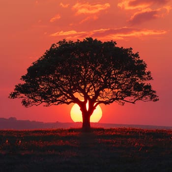 Silhouette of a tree against a vivid sunset, symbolizing peace and nature.