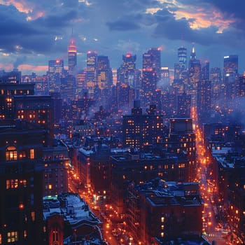 Nighttime cityscape with illuminated buildings, symbolizing urban life and energy.