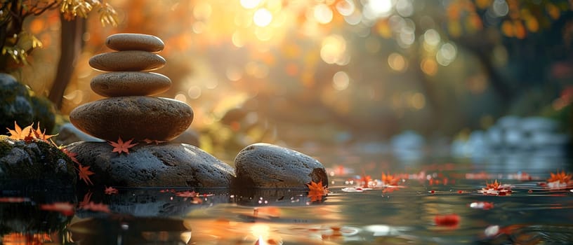 Zen stones stacked by a tranquil pond, promoting peace and meditation