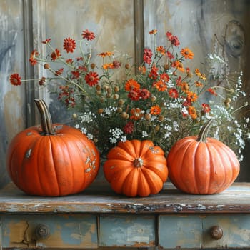 Autumn pumpkin arrangement on a rustic wooden table, evoking fall harvest.