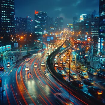 Time-lapse photography of busy intersection at night, illustrating urban life and motion.
