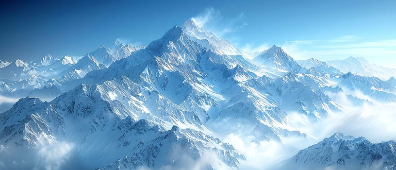Snow-covered mountain peaks under clear blue sky, inspiring adventure and tranquility.