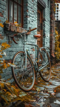 Bicycle leaning against rustic wall, conveying eco-friendly transportation and leisure.