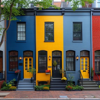 Row of colorful townhouses, exemplifying urban living and real estate.