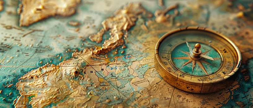 Compass on vintage map, symbolizing adventure and travel.