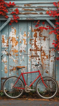 Bicycle leaning against rustic wall, conveying eco-friendly transportation and leisure.