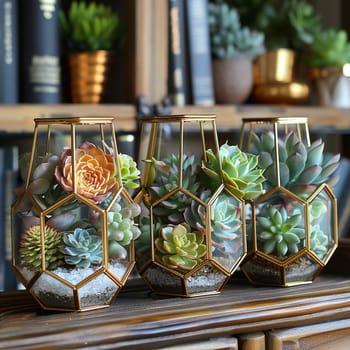 Collection of succulents in geometric terrariums, showcasing modern home decor.