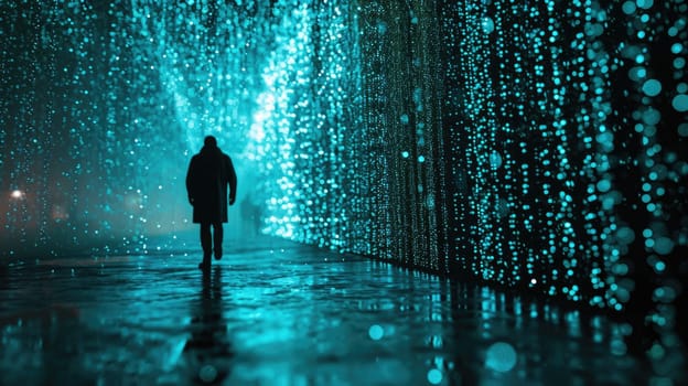 The picture of the single person that has been walking into the endless walkway that has been raining with the digital matrix green binary rain of code that seem like person search something. AIGX01.