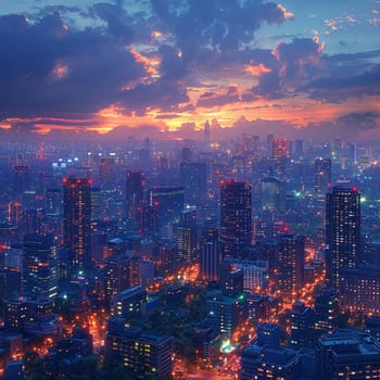 Nighttime cityscape with illuminated buildings, symbolizing urban life and energy.