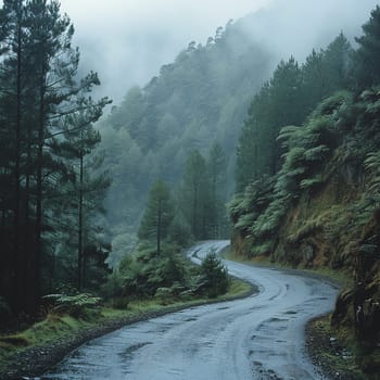 Foggy mountain road, evoking mystery and travel.