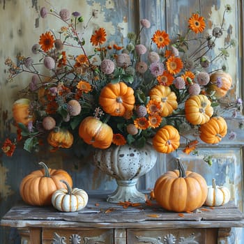 Autumn pumpkin arrangement on a rustic wooden table, evoking fall harvest.