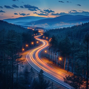 Light trails on mountain road at night, illustrating motion and journey.