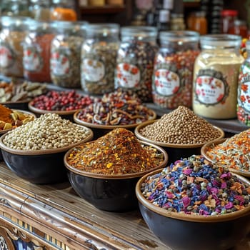 Vibrant market spices arranged in bowls, representing culture and diversity.