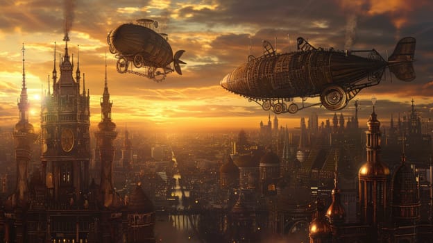 Fantasy steampunk airships float amongst clouds against a dramatic sunset backdrop, evoking adventure and exploration. Resplendent.