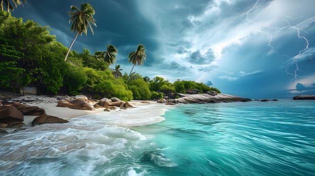 tropical beach view at cloudy stormy day with white sand, turquoise water and palm trees. Neural network generated image. Not based on any actual scene or pattern.