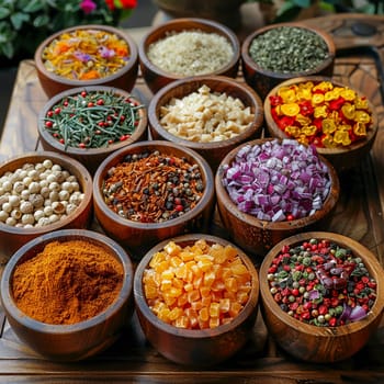 Vibrant market spices arranged in bowls, representing culture and diversity.