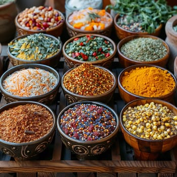 Vibrant market spices arranged in bowls, representing culture and diversity.