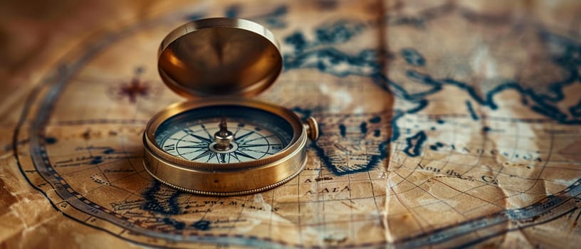 Compass on vintage map, symbolizing adventure and travel.