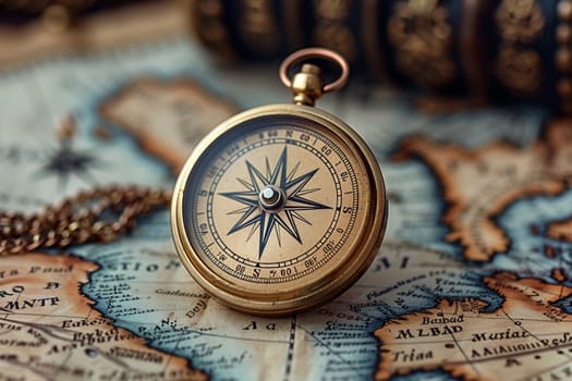 Compass on vintage map, symbolizing adventure and travel.