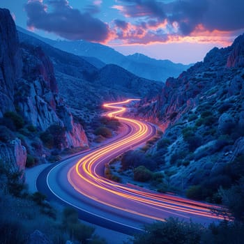 Light trails on mountain road at night, illustrating motion and journey.