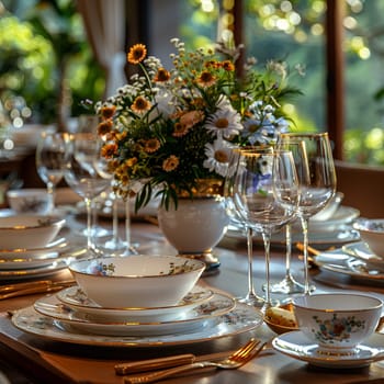 Beautifully set dining table with elegant crockery, representing hospitality and dining.