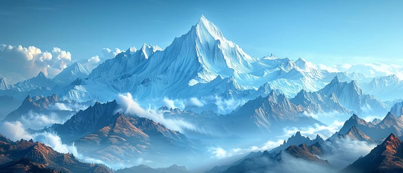 Snow-covered mountain peaks under clear blue sky, inspiring adventure and tranquility.