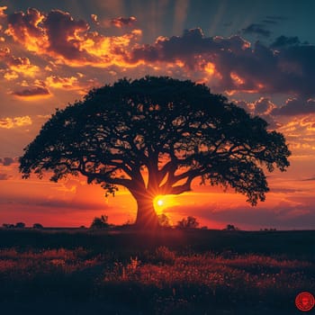 Silhouette of a tree against a vivid sunset, symbolizing peace and nature.