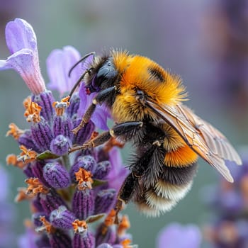 Macro shot of bumblebee on lavender flower, highlighting pollination and spring.