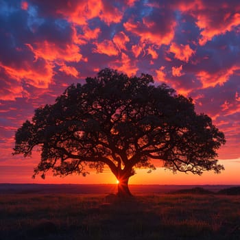 Silhouette of a tree against a vivid sunset, symbolizing peace and nature.