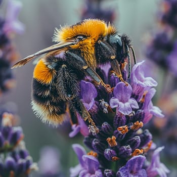 Macro shot of bumblebee on lavender flower, highlighting pollination and spring.