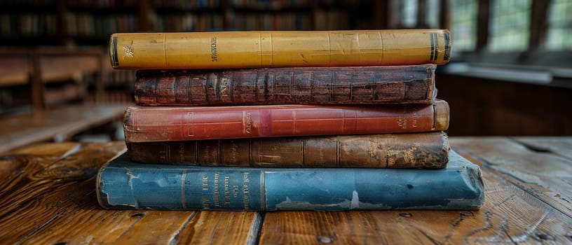 Collection of vintage books stacked on wooden table, suggesting education or nostalgia.
