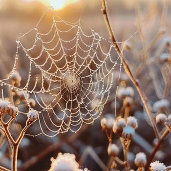 Perfectly round dew drops on spider webs, showcasing natural precision.