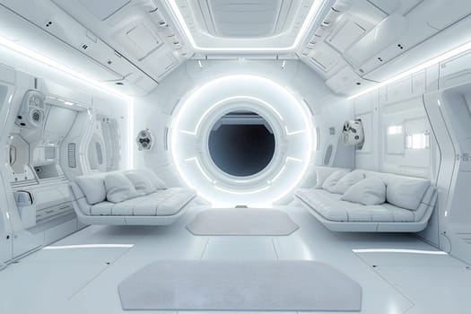 futuristic clean white space station style interior of living room. Neural network generated image. Not based on any actual scene or pattern.