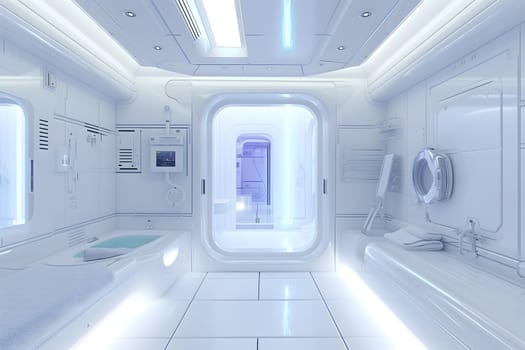 futuristic clean white space station style interior of bathroom. Neural network generated image. Not based on any actual scene or pattern.