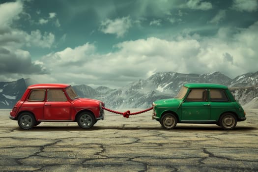 Two cars with a tow rope. Towing a car. 3d illustration.