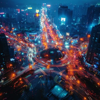 Time-lapse photography of busy intersection at night, illustrating urban life and motion.