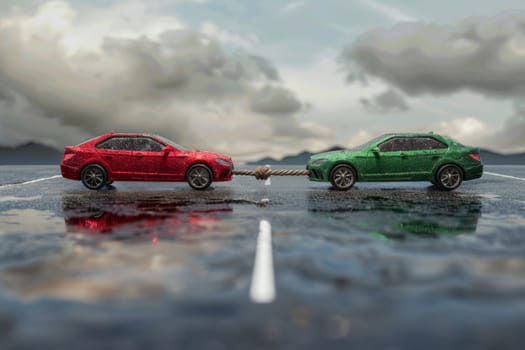 Two cars with a tow rope. Towing a car. 3d illustration.