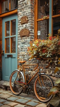 Bicycle leaning against rustic wall, conveying eco-friendly transportation and leisure.