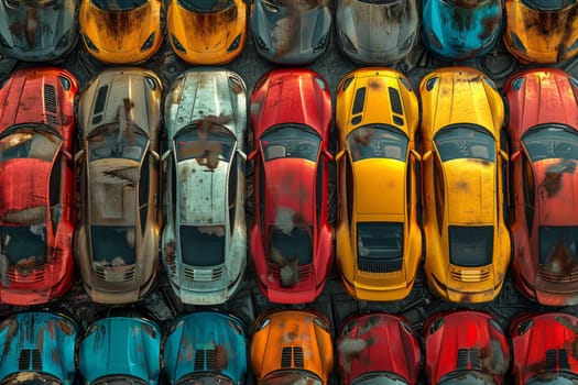 A bird's-eye view of abandoned multicolored old cars.