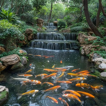 Serene koi pond with vibrant fish, symbolizing tranquility and prosperity.